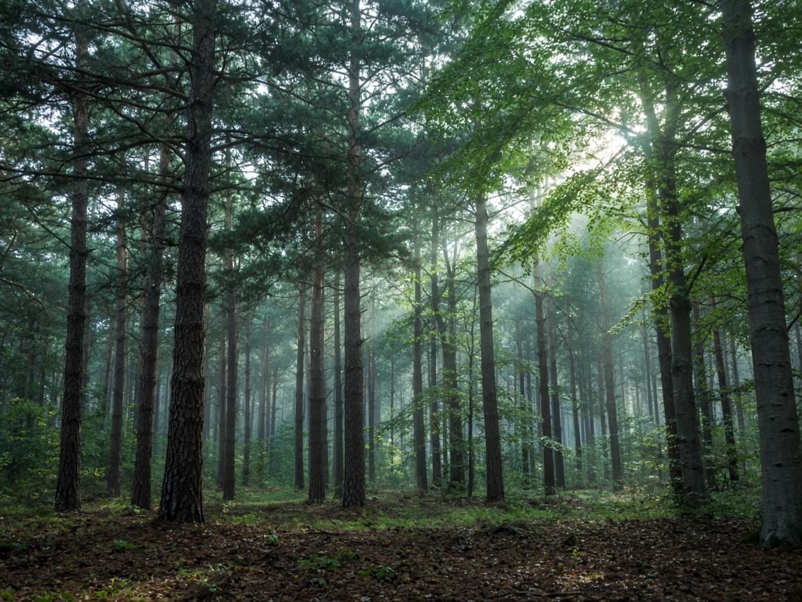 Dichtes Kiefern- und Buchendach im Pfälzerwald mit gefiltertem Sonnenlicht