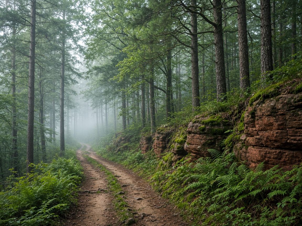 Markierter Waldweg durch Kiefern und rote Sandsteinfelsen im Pfälzerwald
