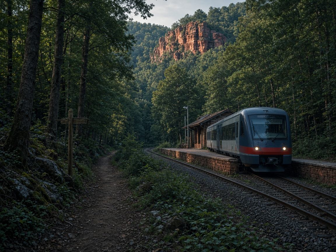 Wanderer mit Rucksack am Waldeingang nahe einem Regionalbahnhof im Pfälzerwald