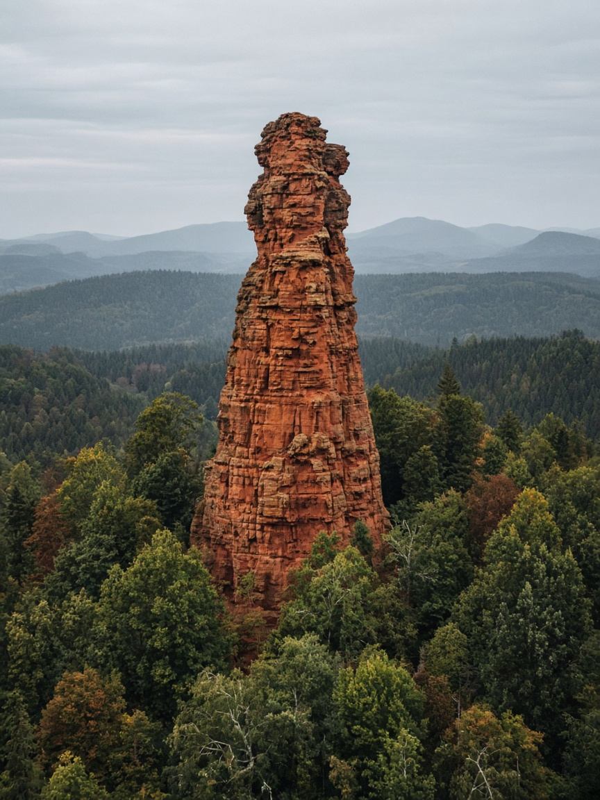 Roter Sandsteinturm ragt über das Kiefernkronendach im Pfälzerwald