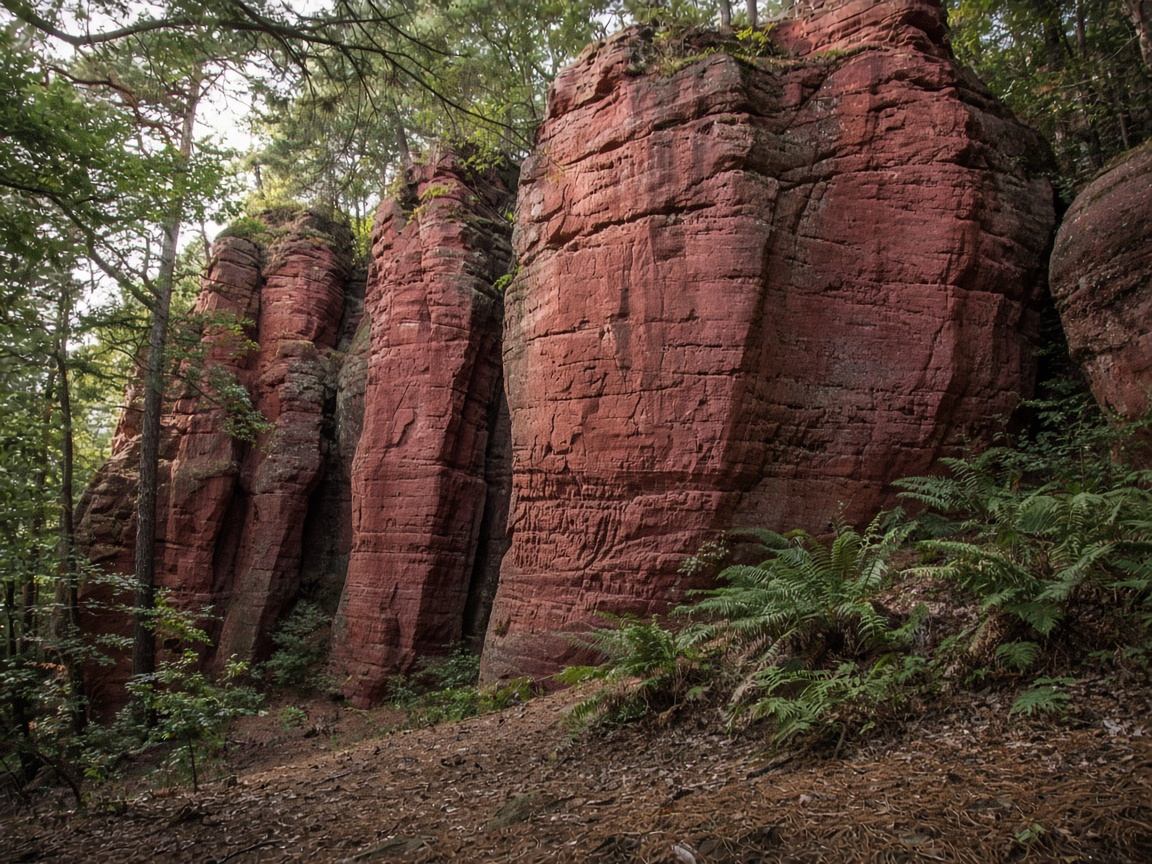 Hohe rote Sandsteinwand im Pfälzerwald zwischen Kiefern